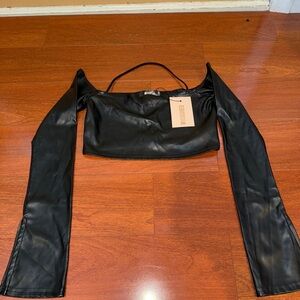 Missguided Black vegan Leather Bardot Crop top, size 6